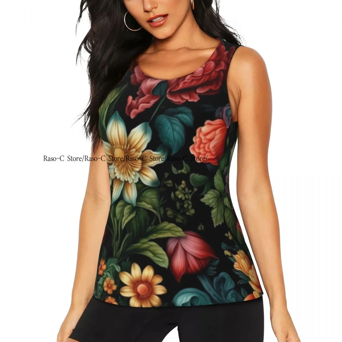 Women's Sleeveless Yoga Tank Top Flowers Black Background Quick Dry Running Training Sports Vest Yoga Shirts