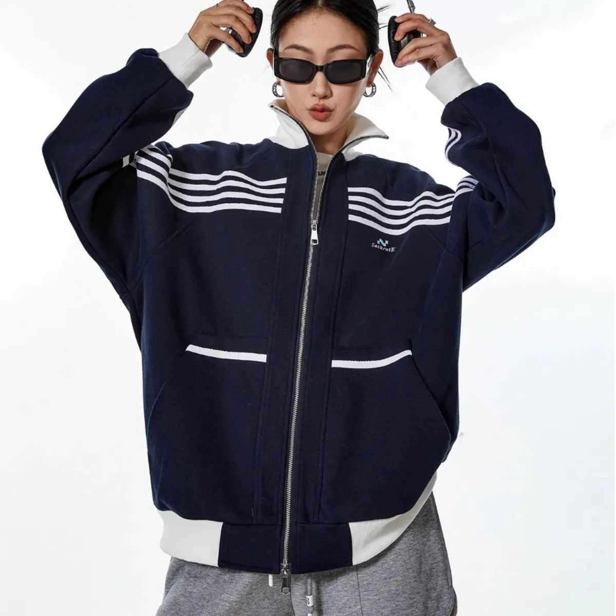 

Streetwear Zip Jacket Women Striped Stand Collar Sweatshirts Men Vintage Zip Up Cardigans Fashion Women Y2k Clothes
