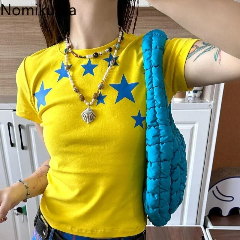 

Хлопковые футболки Ropa Mujer для женщин с принтом, короткими рукавами и круглым вырезом, Camisetas, укороченные топы, повседневная модная летняя футболка, корейские футболки