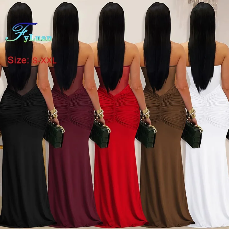 New Fashion Women Clothing Sexy Nightclub Party Long Dress Sheer Mesh Halter Dress Solid Color Sleeveless Backless Cocktail Gown