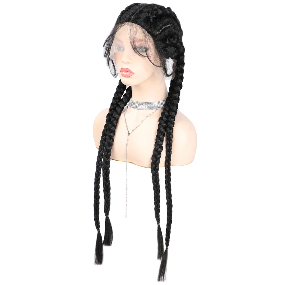 Wig Renda Depan Kepang Sintetis dengan Rambut Bayi Wig Rambut Kepang Panjang 32 Inci Wig Renda Kepang Sintetis Wig Suhu Rendah