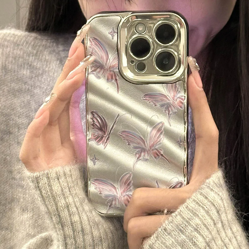 한국 INS 달콤한 나비 전화 케이스, 아이폰 15, 14, 13, 12, 11 프로 맥스, 럭셔리 전기도금 실버, 3D 물 잔물결 소녀 커버
