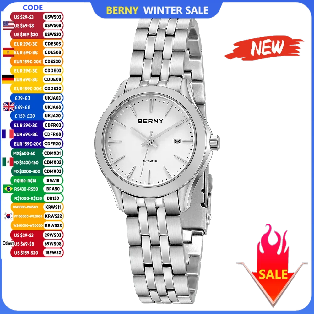 Women Automatic Mechanical Watch BERNY NH05 Calendar Ladies Simple Dial Sapphire Glass Wristwatches Waterproof жаночыя гадзіны