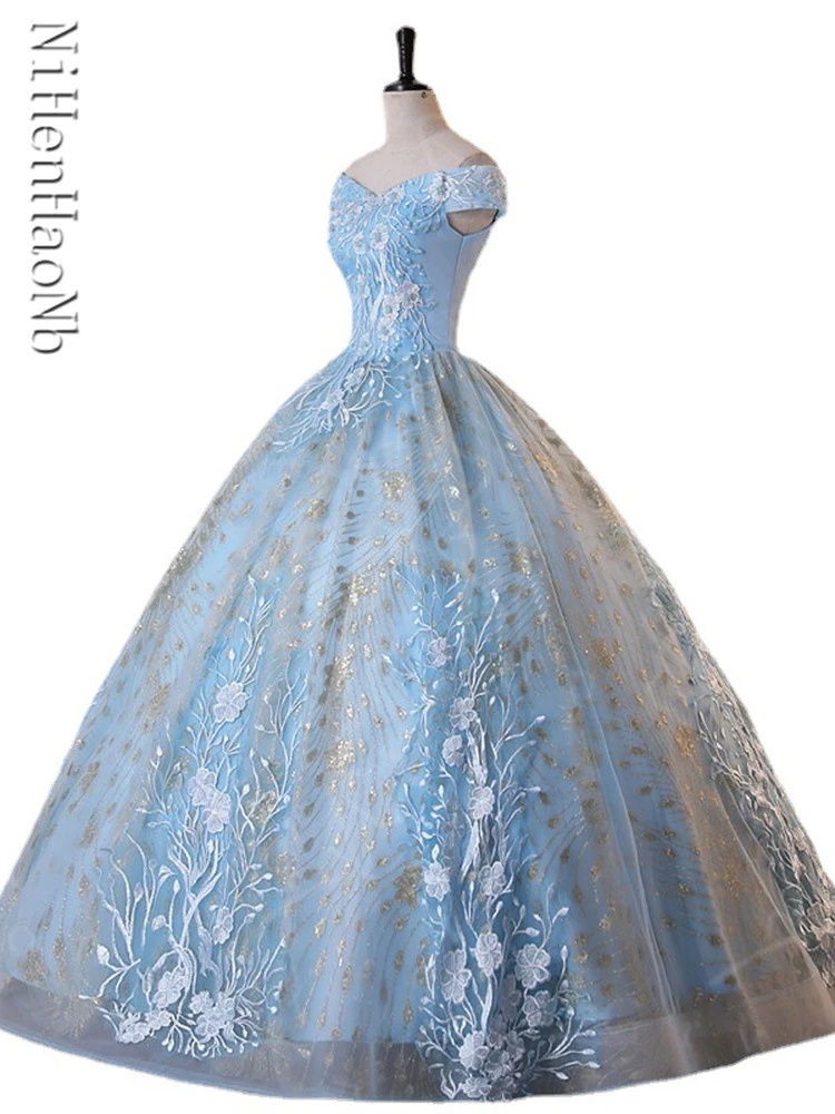 

Blue Quinceanera Dress Off The Shoulder Party Prom Dress Ball Gown Vintage Quinceanera Gown Plus Size Vestidos