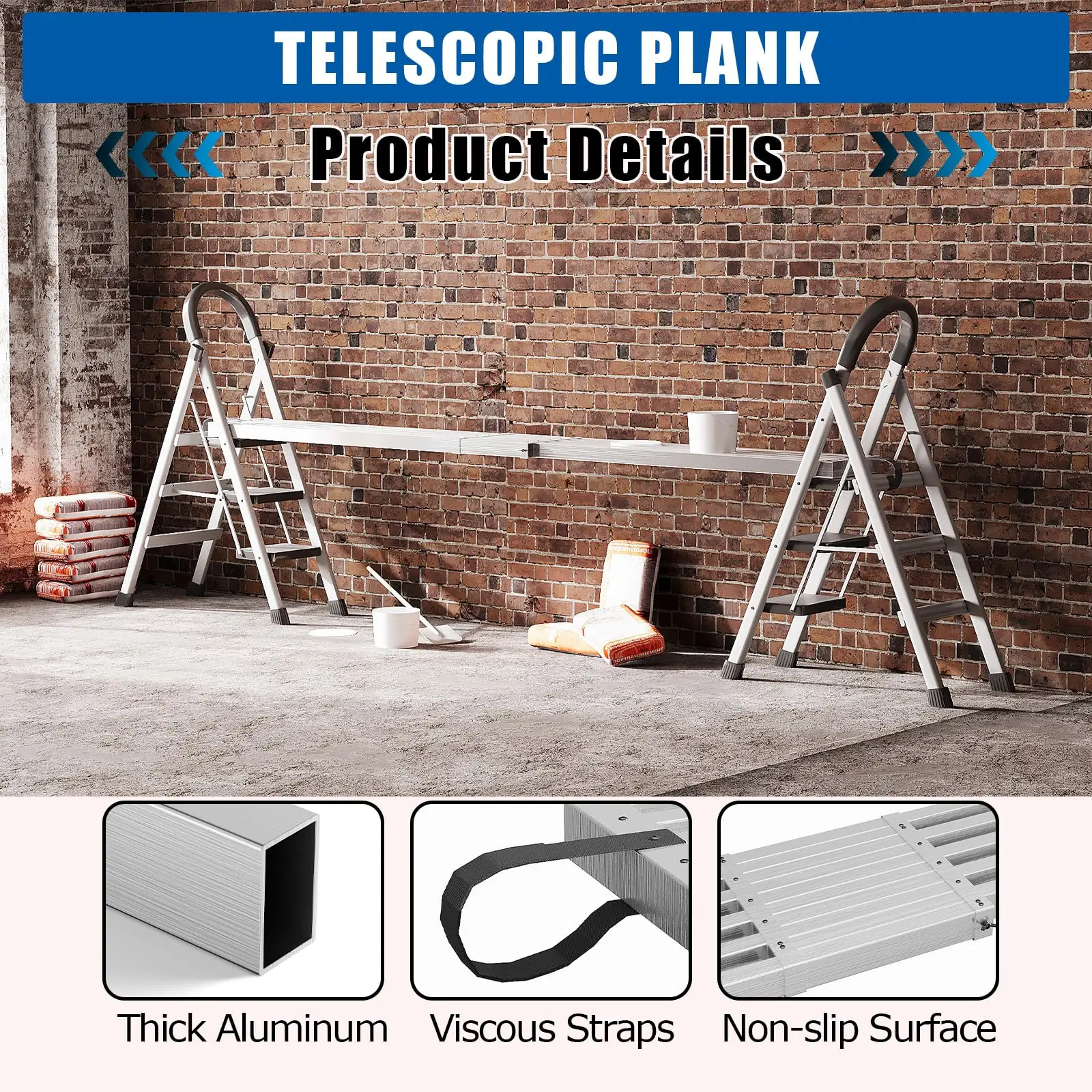 6-9FT/8-13FT/9-15FT Heavy-Duty Aluminum Telescoping Work Plank – 440lbs Capacity Scaffold Platform Board – Adjustable Anti-Slip Walk Board – Extension for Ladders – Multi-Purpose Home Renovation