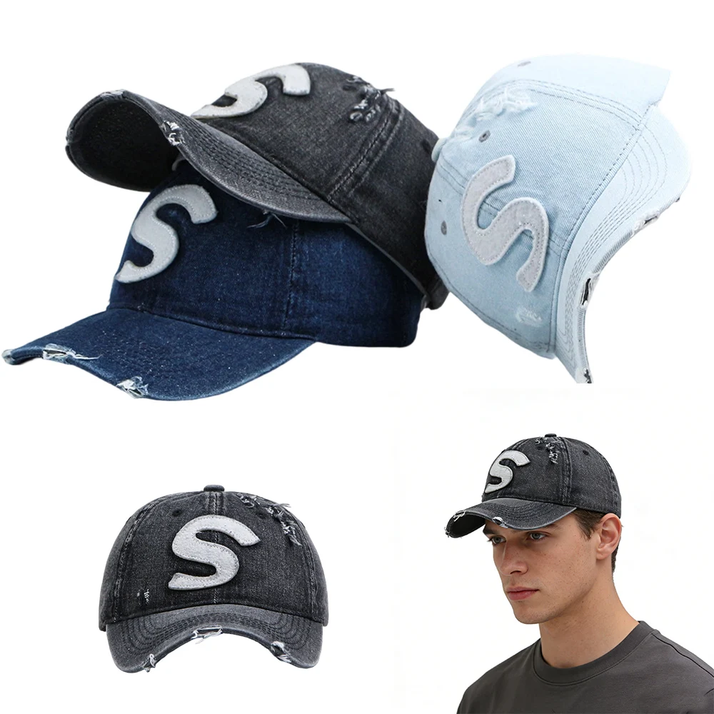High Quality Washed Denim Baseball Cap Fashion Distressed Letter Design Trendy All Match Casual Outdoor Hat for All Seasons