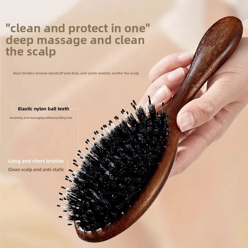 Pettine a cuscino d'aria con setole di cinghiale in legno di sandalo: massaggio del cuoio capelluto e pettine meridiano, capelli lisci, aggiunge volume, perfetto per l'uso domestico.