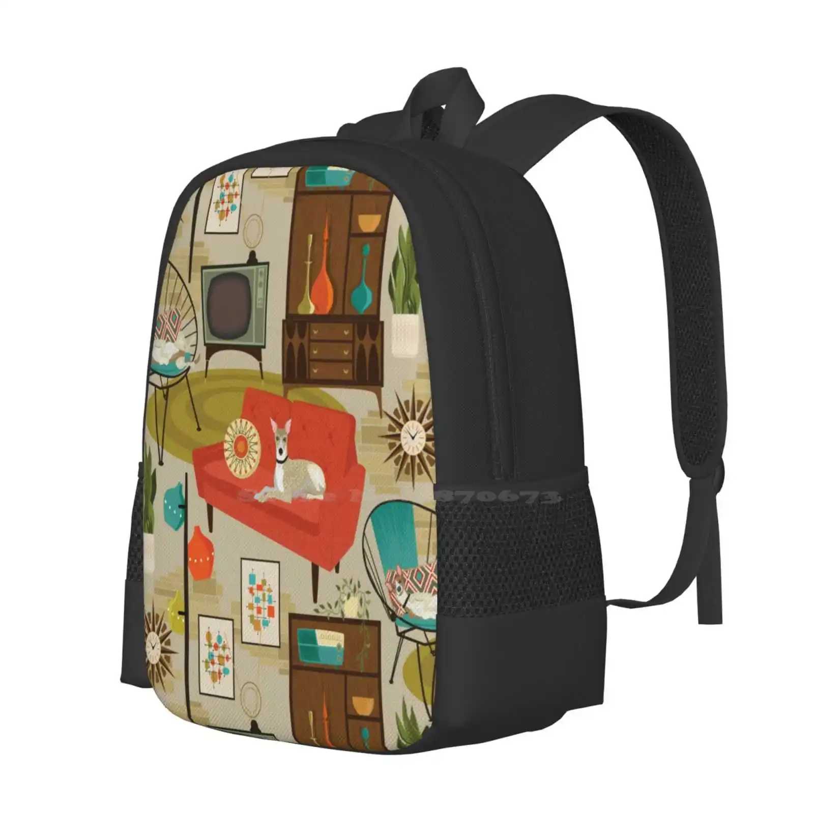 Rec Room Madness School Bag Big Capacity Backpack Laptop 1960S Retro Vintage Mid Century Dogs Whippets Blenko