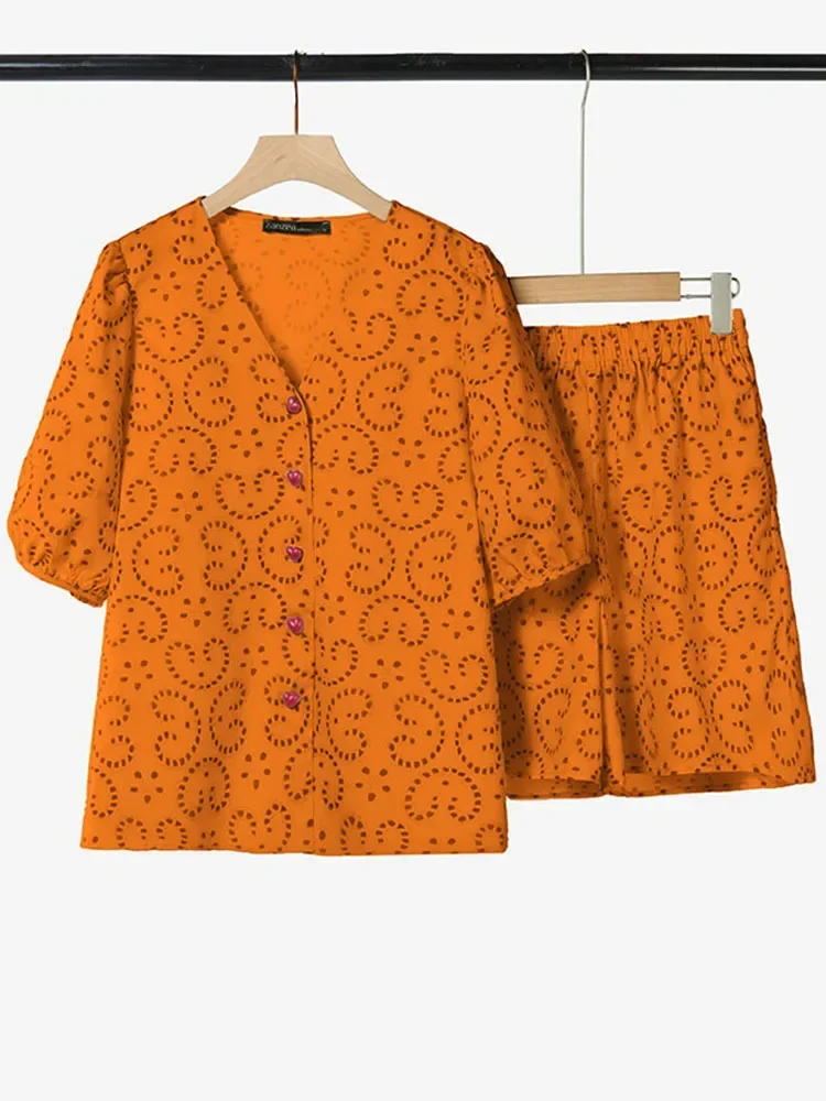 

ZANZEA 2025 Summer Women Short Sets Casual Printed Shorts Blouses OL Work Puff Sleeve Streetwear Matching Sets Two-piece Outfits