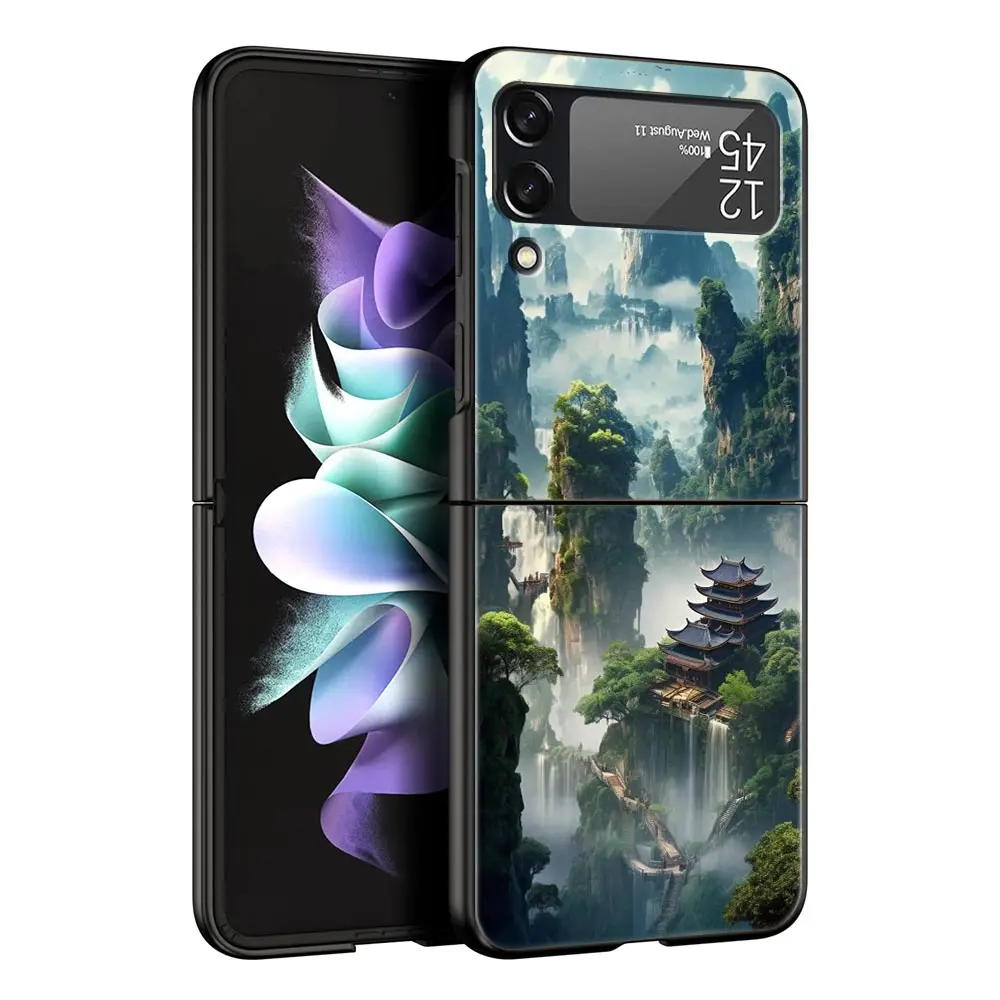 Phone Case For Samsung Galaxy Z Flip 3 4 5 Hard Black Folding PC Luxury For Samsung Z Flip3 Cover Protect Shell Landscape Art