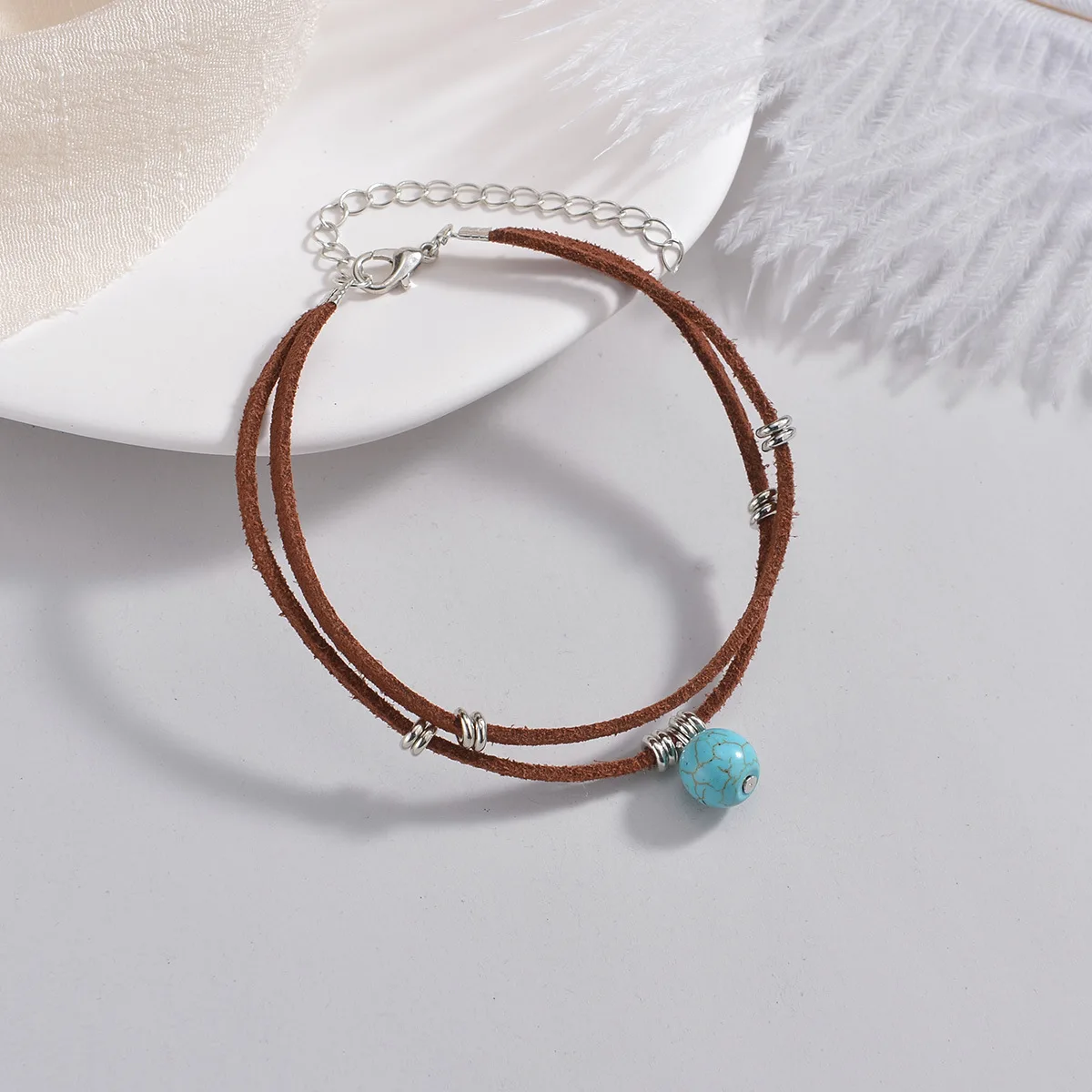 Fashion Trend Boho Style Turquoise Bead Pendant Anklet Double Layer Anklet Women\'s Summer Beach Jewelry Gift Accessories