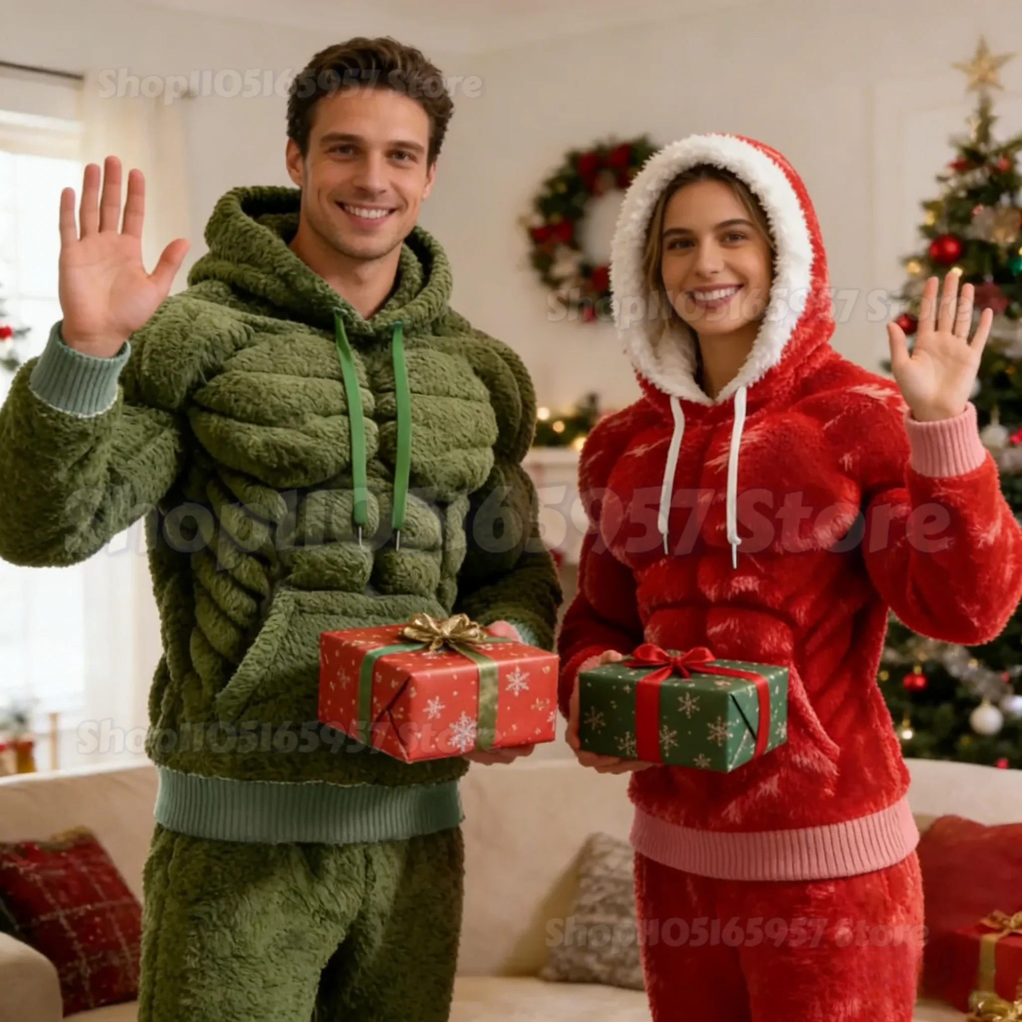 

New year Men Muscle Hoodie Flannel 3D Print Hooded Sweatshirt with Kangaroo Pocket Hunky Funny Pullover for Christmas Costume