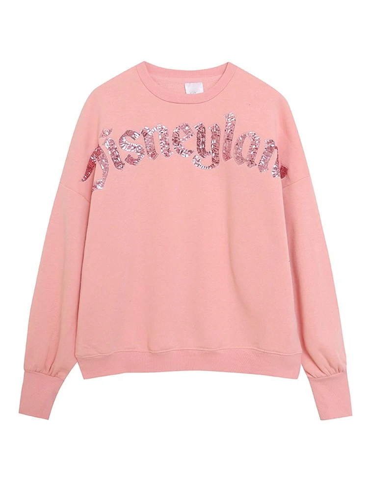 ديزني الترتر ديزني لاند إلكتروني طباعة التطريز البلوز المرأة س الرقبة بريق البلوفرات البلوز القمم الصوف للجنسين 2025 جديد