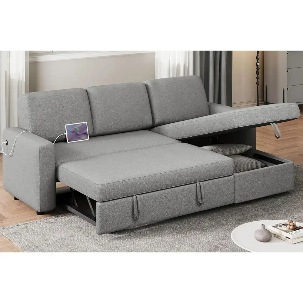 L-Shaped Sofa Bed with Chaise, USB Ports, Reversible Sleeper, Pull-Out Bed, Storage Space, Light Gray