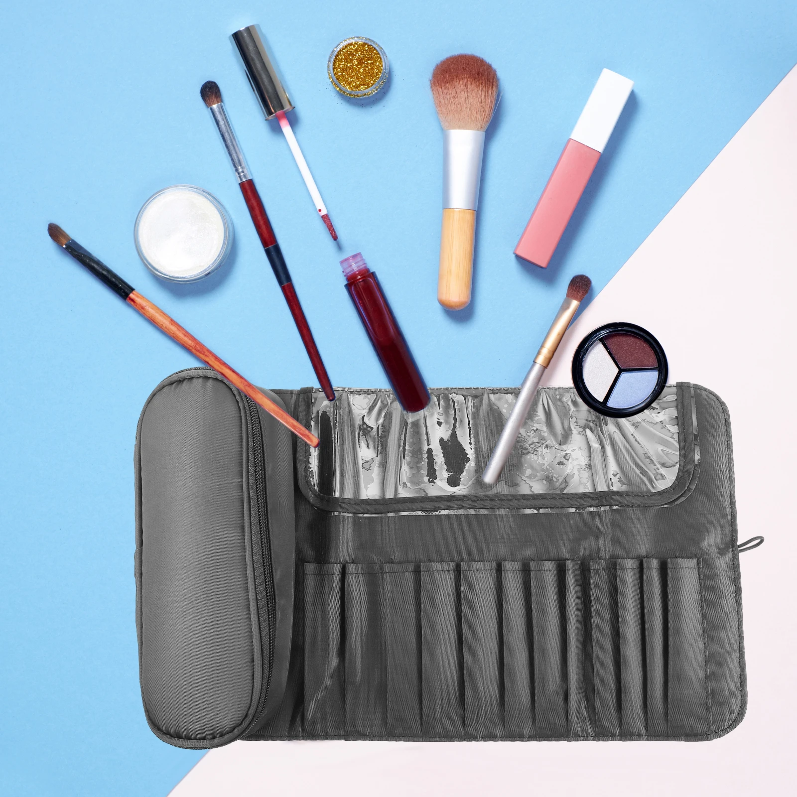 

Makeup Brush Storage Pouch Portable Travel Grey Multipurpose Brush Case Rolling Bag Tool Holder Lightweight Safe