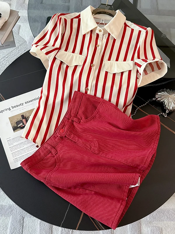 

Hong Kong Style Fashionable Red Short Sleeve Shirt And Denim Skirt Two Piece Set Women's Clothing Summer 2026 Casual Spo...