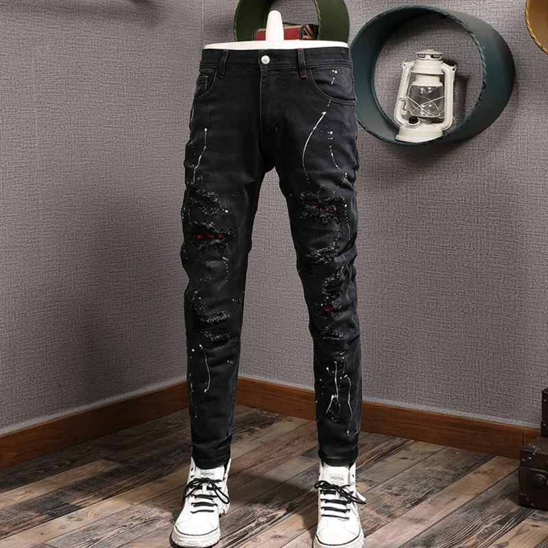 Fashion Streetwear Men Jeans Black Color Stretch Elastic Slim Fit Patched Ripped Jeans Men Painted Designer Hip Hop Pants Hombre