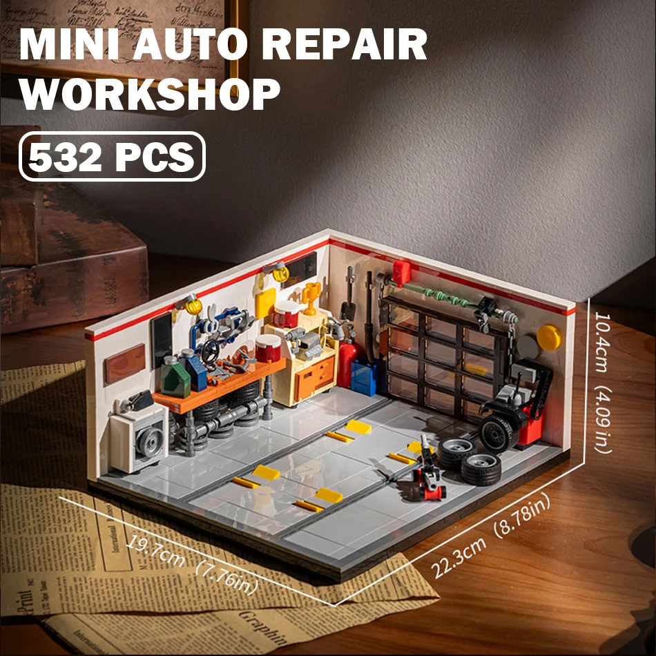 MOC City Speed Racer Vintage Garage Kamer Scène Bouwstenen Autoreparatiewerkplaats Hefplatform Bakstenen Speelgoed Kinderen Volwassenen Cadeau