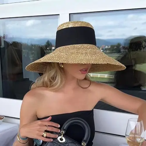 Sombrero de paja de verano 2024, sombrero de playa para mujer, sombrero para el sol junto al mar, cinta con lazo para vacaciones, parte superior plana, sombrero de paja de ala grande praia 모자