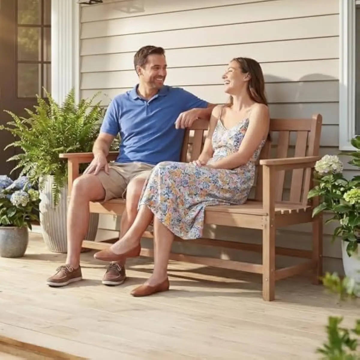 49 inch HDPE outdoor bench featuring wood grain texture, weather resistant construction, 2 person capacity, reinforced backrest