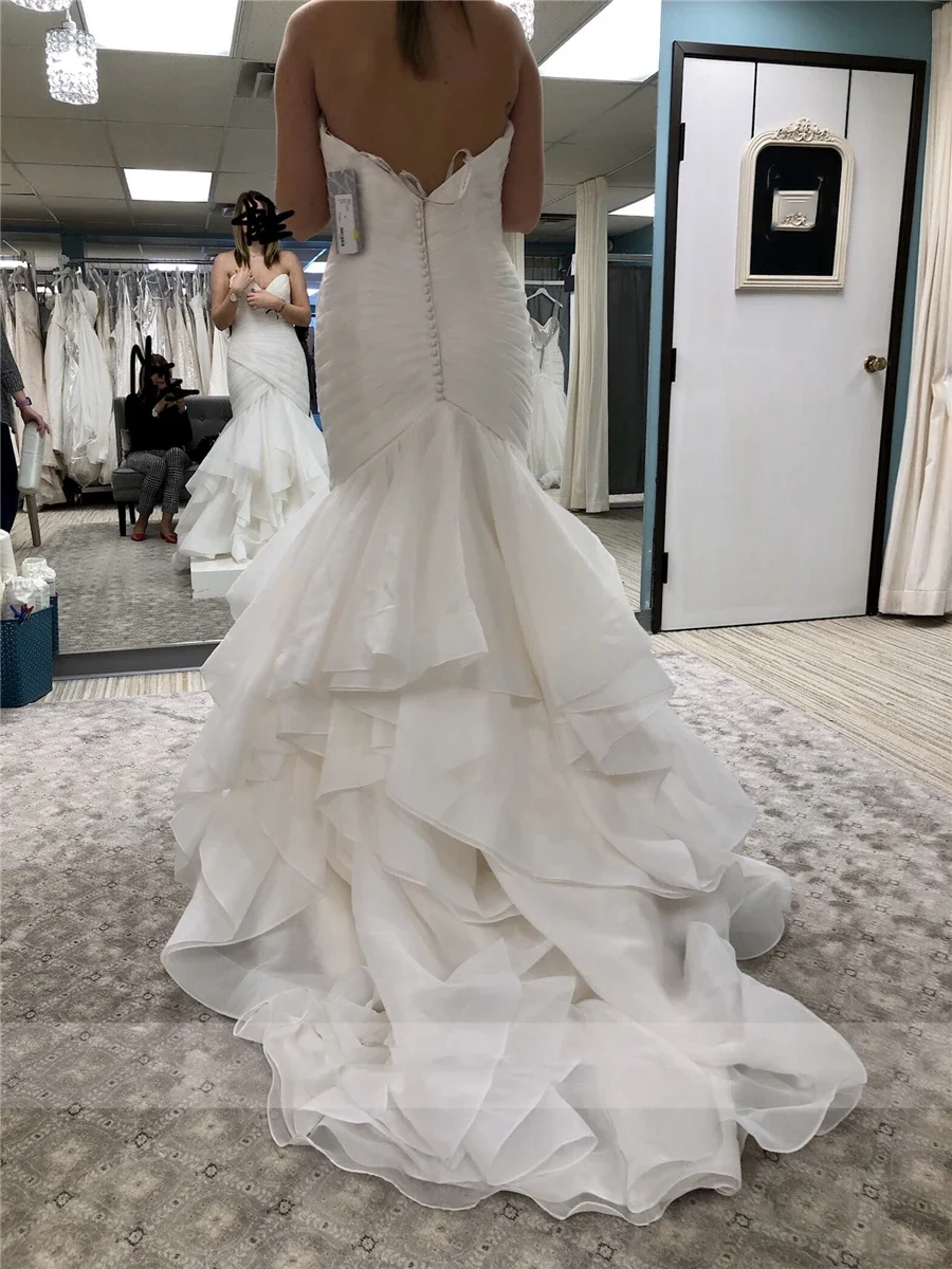 Zoete Witte Tule Trouwjurk Geplooide Borst Top Zeemeermin Kristal Gelaagde Knoop Vloer Lengte Bruidsjurk Vestidos De Novia