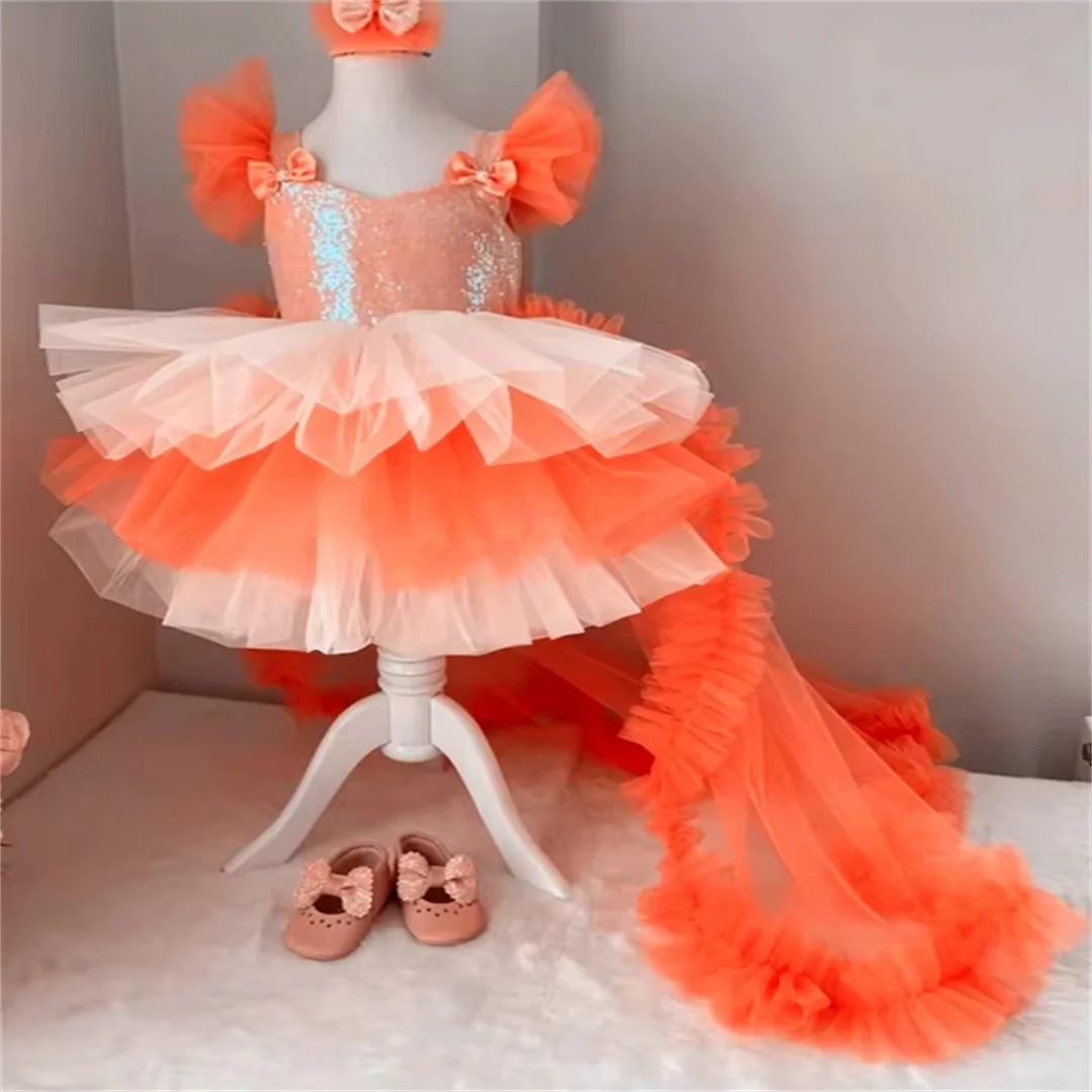 

Customized Puffy Tulle Orange Tiered Bow Tailing Sleeveless For Wedding Princess Birthday Party Ball First Communion Gown
