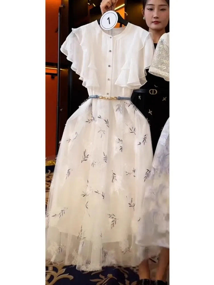Vestido de Verão Branco E Moda Fena Saia em A de Cintura Alta Manga Curta Decote Redondo Vestido Estilo Coreano co...