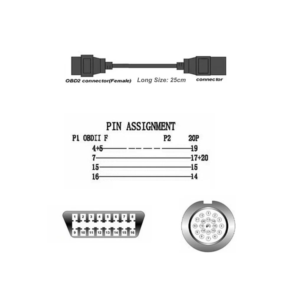 für BMW OBD2 16-Pin-Kabel für ältere Fahrzeuge, 20P auf 16P OBDII-Verlängerungsstecker, 25 cm lang – Detail 7