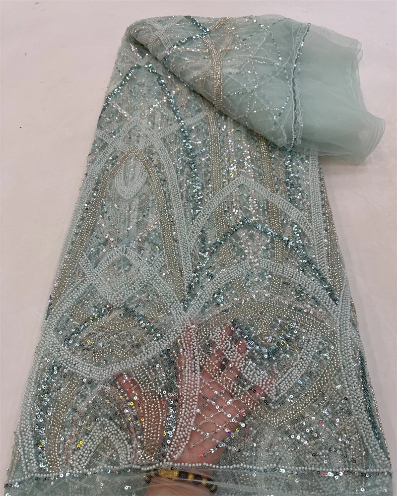 

Luxury African Lace Fabric High Quality Sequins Beads Lace Fabrics For Nigerian Wedding French Tulle Lace Fabric