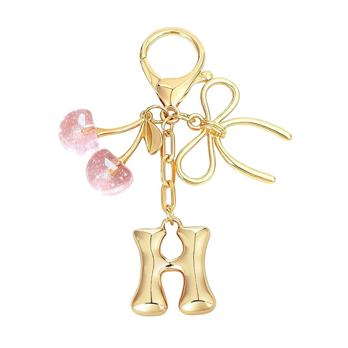 Gold Letter Bubble Initial Keychain with Bow & Cherry, Cute Handbag Accessory
