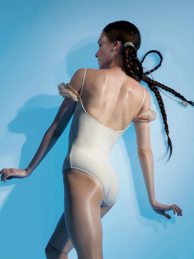 Leotardo de Ballet para mujer, Ropa de baile de Camelia blanca, mono de gimnasia con cuello Halter para adultos, Ropa de baile de Ballet sin espalda para mujer