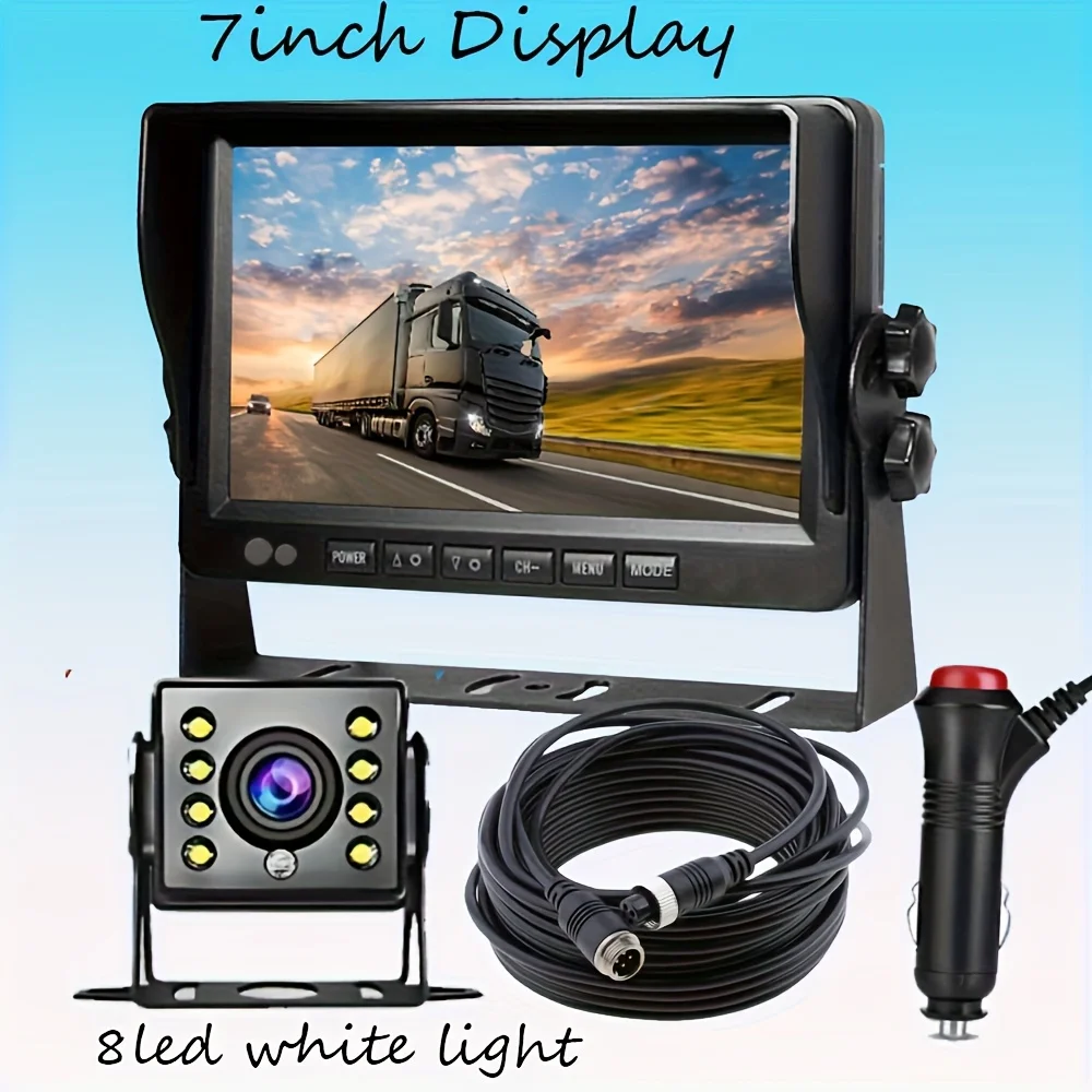 

7-Inch U-Shaped Rear View Monitor Kit with 8LED Backup Camera, 12-24V Hardwired, Wide Angle, for Buses, Trucks, RVs & Pickups