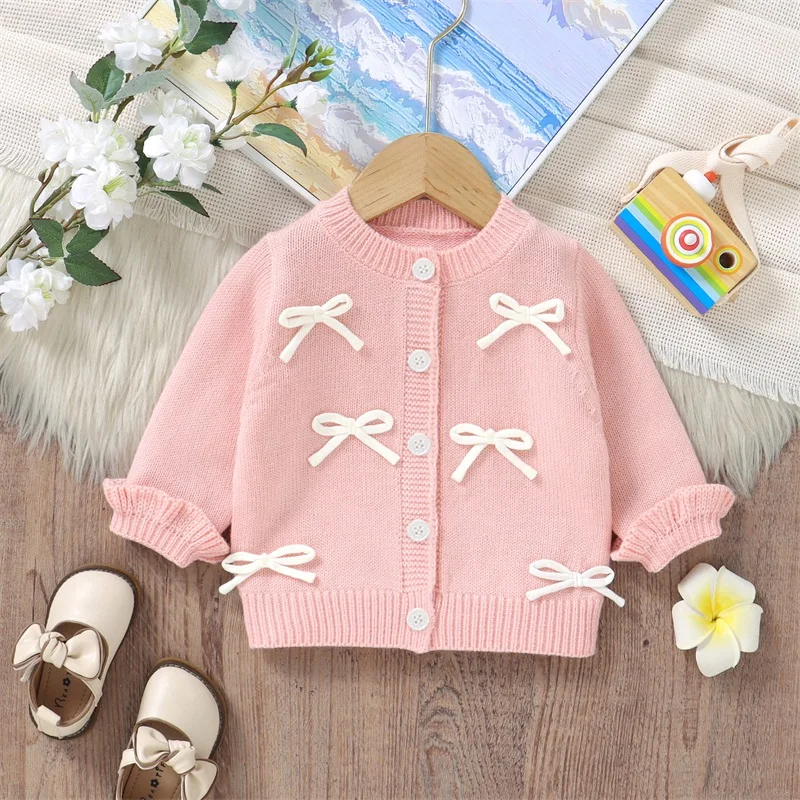 Tregren 6M-3Y Infant Baby Girl Bow Cardigan Crew Neck Long Sleeve Button Down Knit Sweater Winter Fall Spring Clothes Outerwear