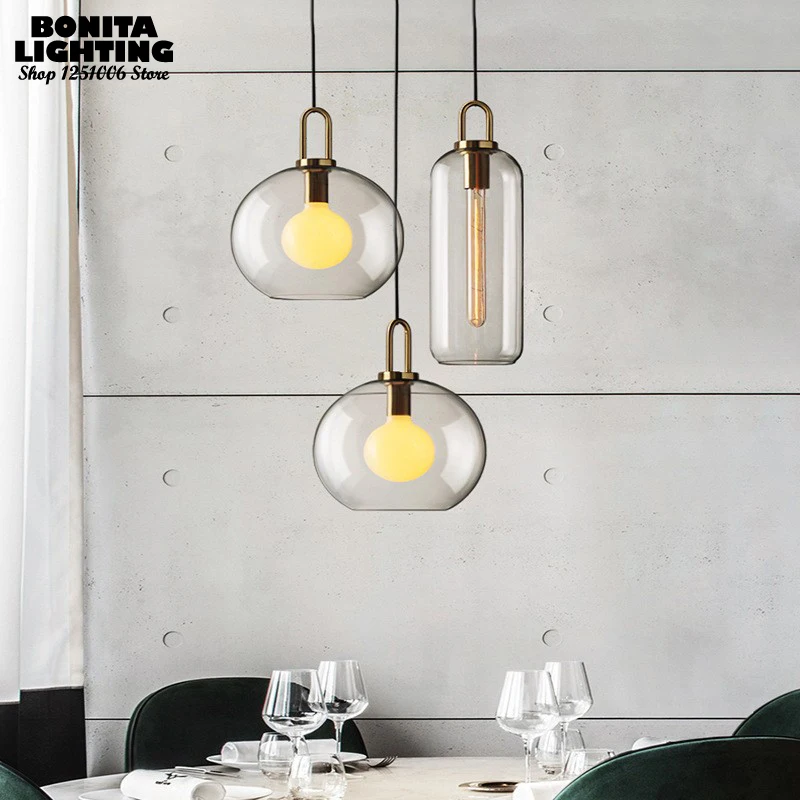 Smokey Grey Frosted Sphere Glass Hanging Chandelier Transparent Cylindrical Glass Pendant Light Vintage Ceiling Pendant Lamp
