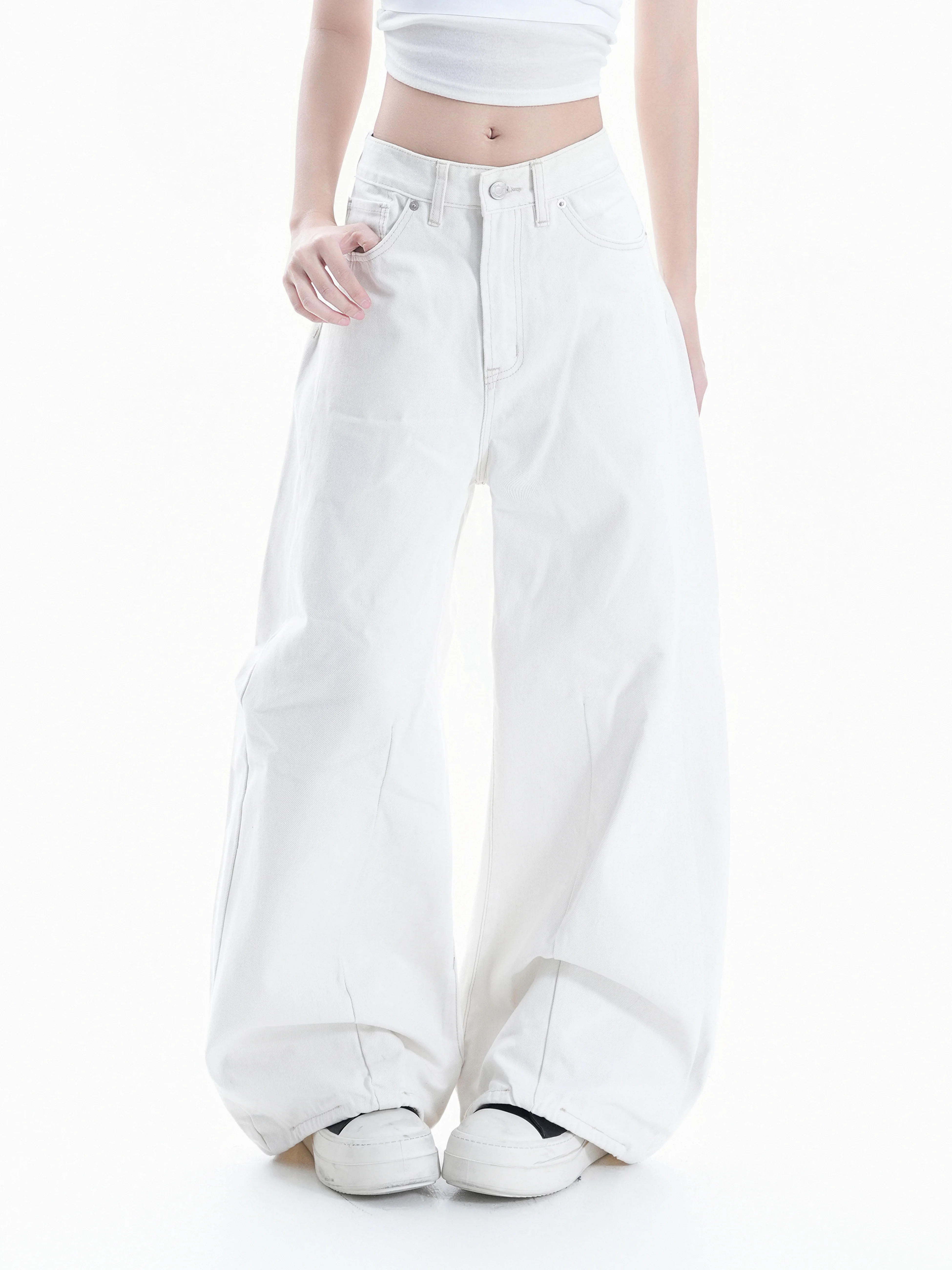 

Retro American Washed Gradient Denim Wide Leg Pants Women's Design Straight Floor-Length High Waist Long Trousers