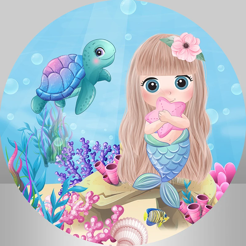 فتاة صغيرة حفلة عيد ميلاد الديكور راية صور تحت سطح البحر المرجان الموازين حورية البحر خلفية مستديرة دائرة الجدول Plinth غطاء