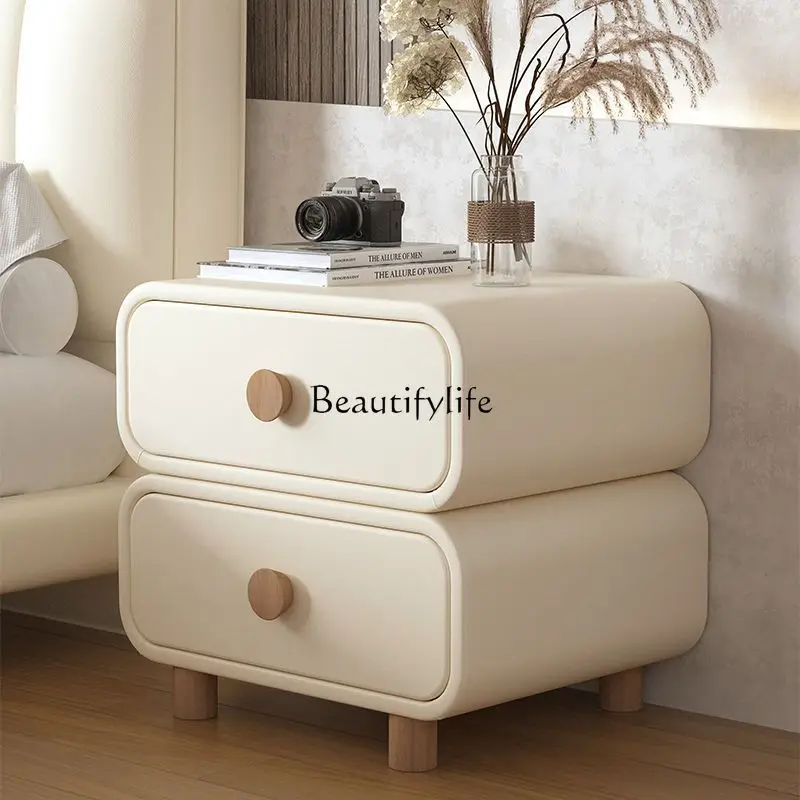 

Cream storage cabinet Bedroom leather simple modern solid wood small minimalist free installation bedside cabinet