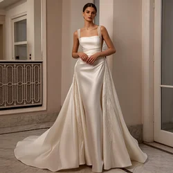 Satin Mermaid Wedding Dress Beaded Strap Square Neck V Back Detachable Overskirt Bridal Gown For Wedding Elopement Shoot 2026