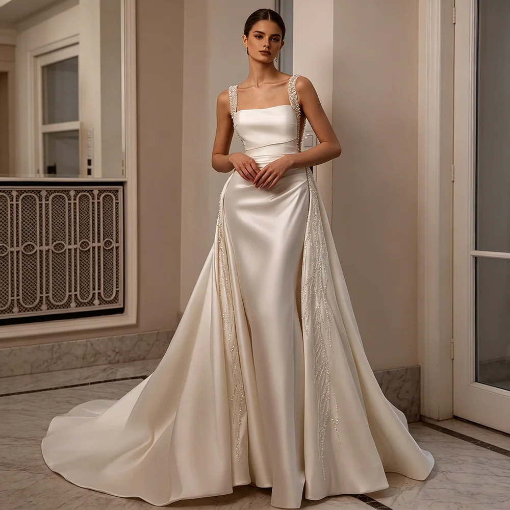 Satin Mermaid Wedding Dress Beaded Strap Square Neck V Back Detachable Overskirt Bridal Gown For Wedding Elopement Shoot 2026