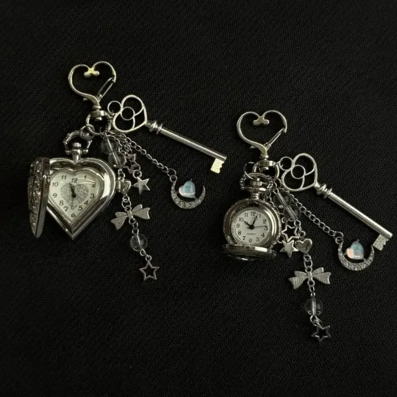 Fashion Hollow Heart Pocket Watch Chain Keychain Design Steampunk Clock Vintage Necklace Pendant Jewelry Watch Couple Gift