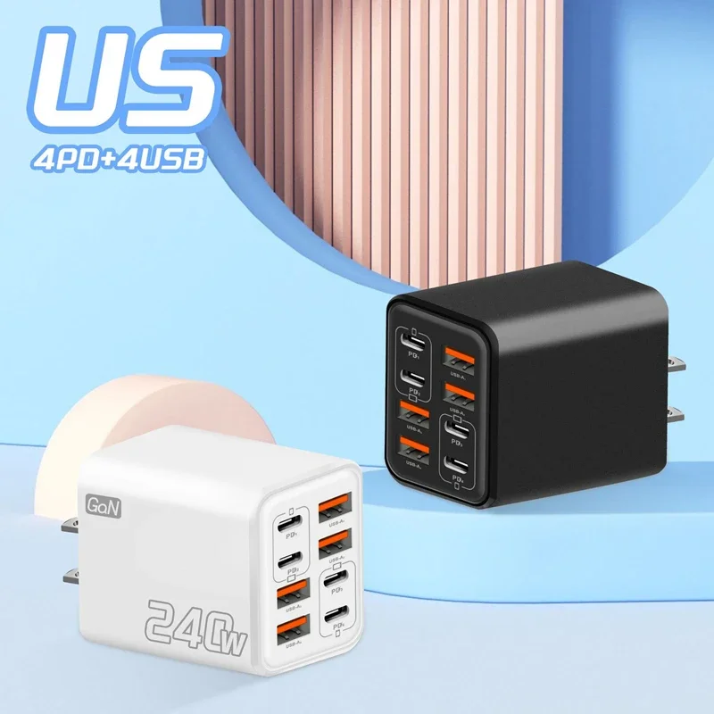 Lenovo 240W Multi-Port-Ladegerät mit PD-Schnellladung, 4 USB + 4 Typ-C-Ladestation für Smartphones, Universeller EU-US-UK-Stecker – Detail 2