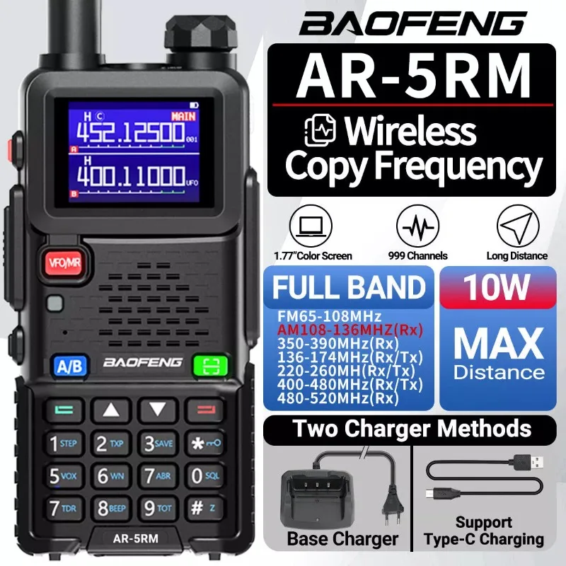 Baofeng AR-5RM 10 W Hochleistungs-Luftband-Walkie-Talkie AM FM UV-5RH NOAA-Amateurfunk mit großer Reichweite und 6-Band-Frequenz