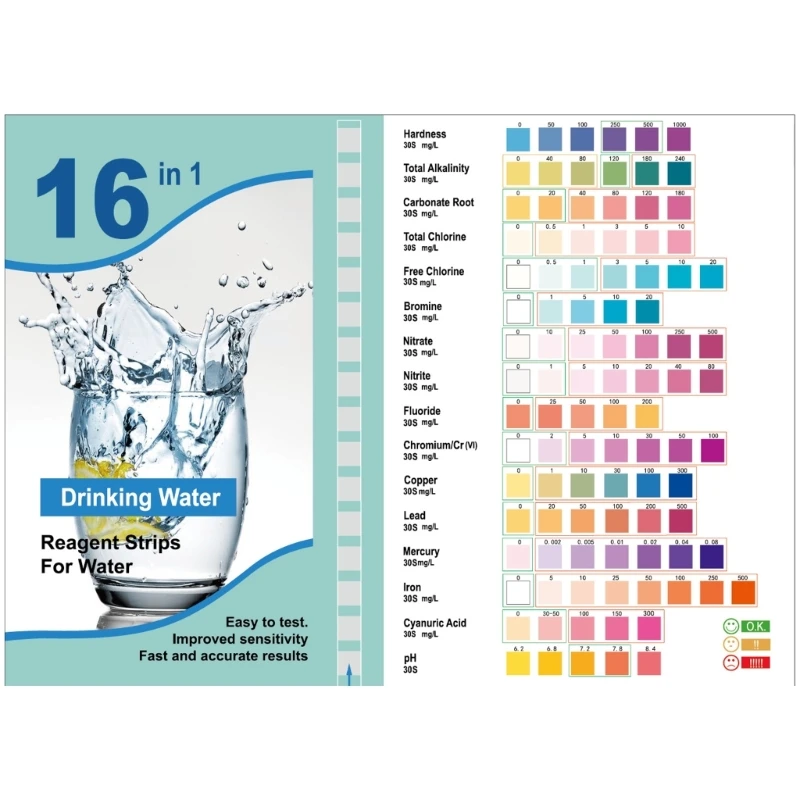 Analyste de test d'eau potable de qualité supérieure, test de qualité de l'eau domestique, test facile, eau de puits et du robinet, 50 bandes, 16 en 1