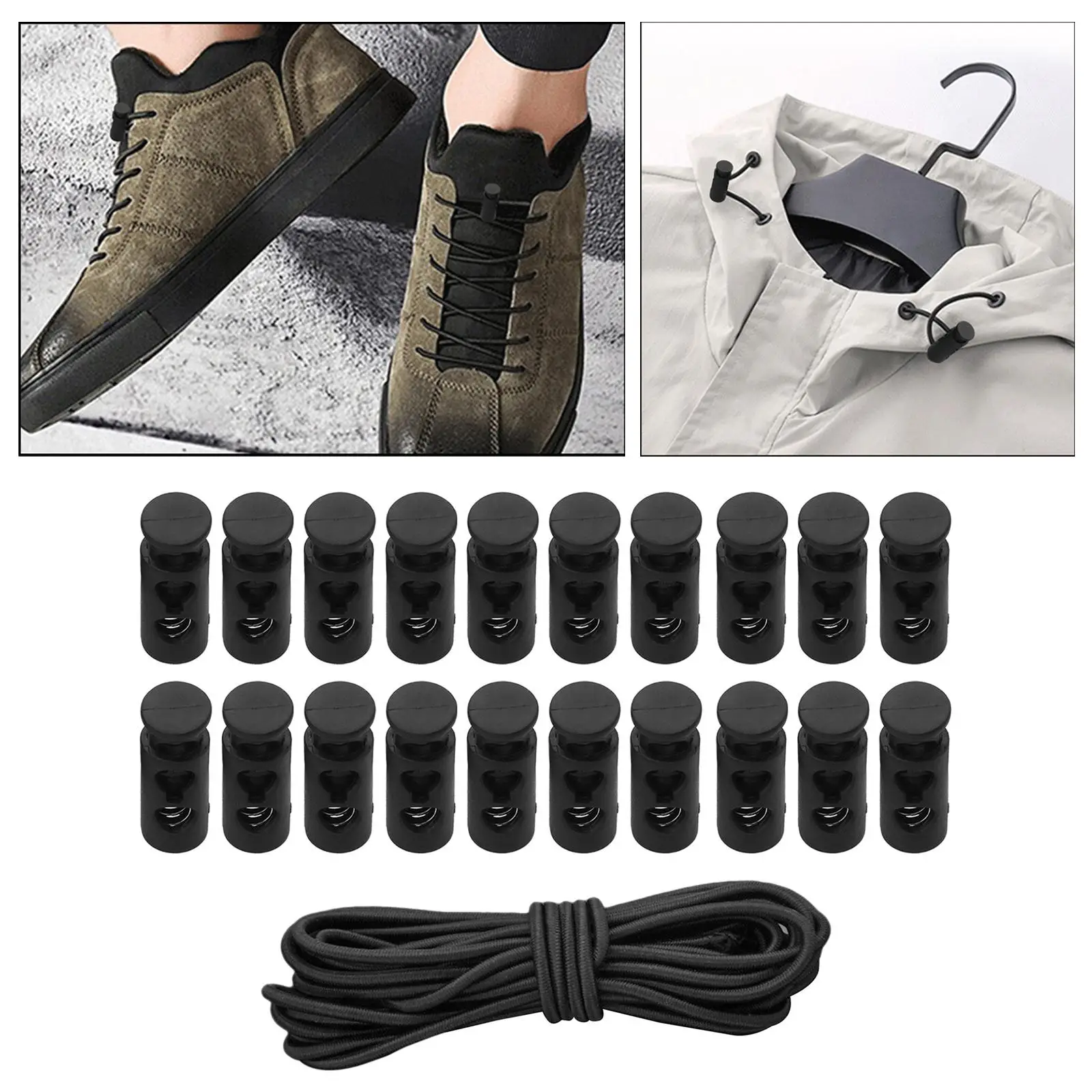 سدادات تبديل قفل الحبل البلاستيكي الأسود مع سلك بنجي مرن لأربطة الحذاء وحزام التروس الخارجية #4