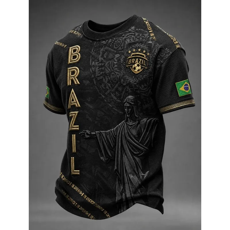 Black Brazil Street Style Tee with 3D Embossed South America Map Print & Gold Striped Trim, Customized for Soccer Fans