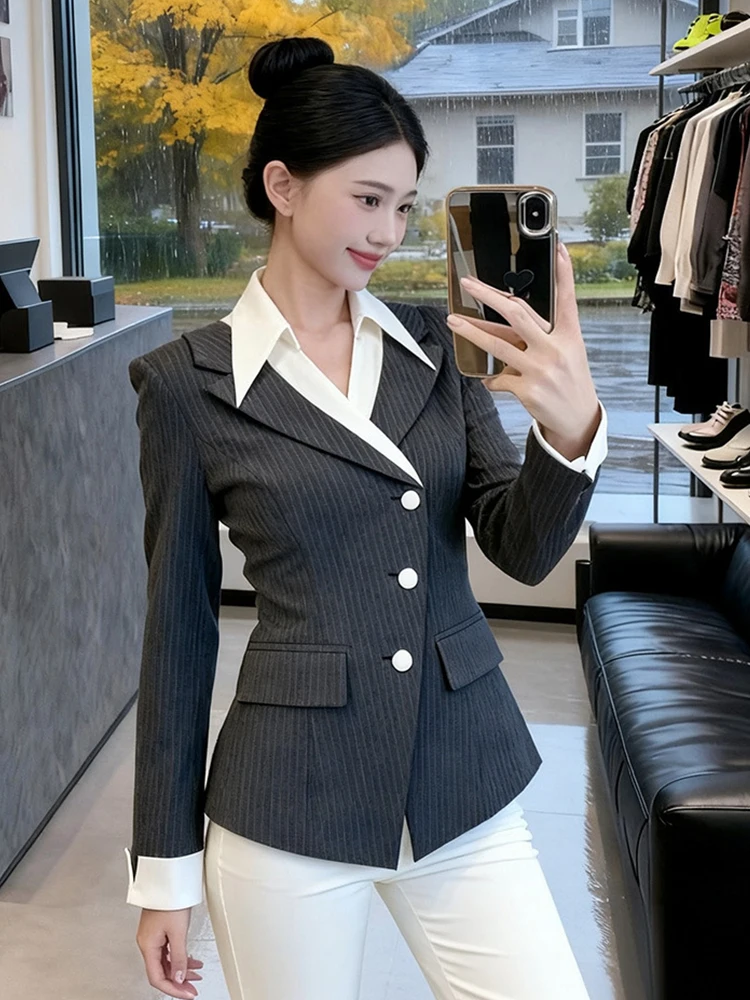 

Elegant Women Grey Striped Suit White Lapel Jacket Single Breasted Slim Blazer Business Coat Casual Outerwear Retro Classic Tops