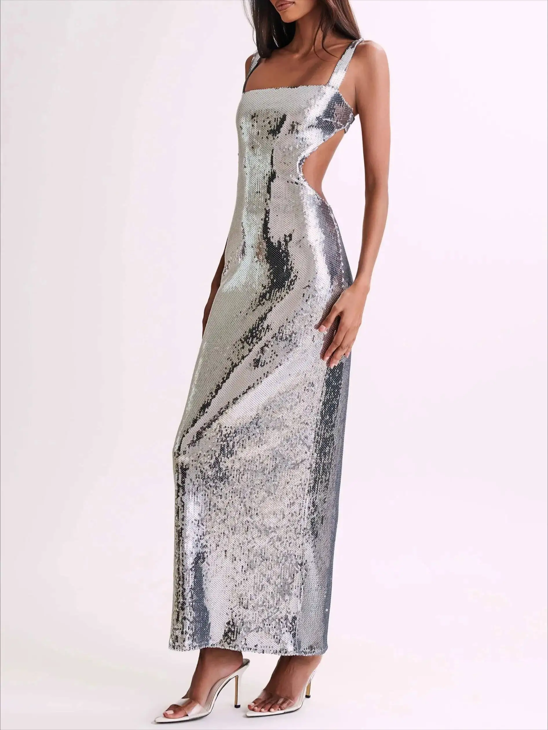 

Women Open Back Sequin Cut Out Maxi Fashion Christmas Cocktail Party Shining Wear Suspender Backless Glitter Long Dress 2026
