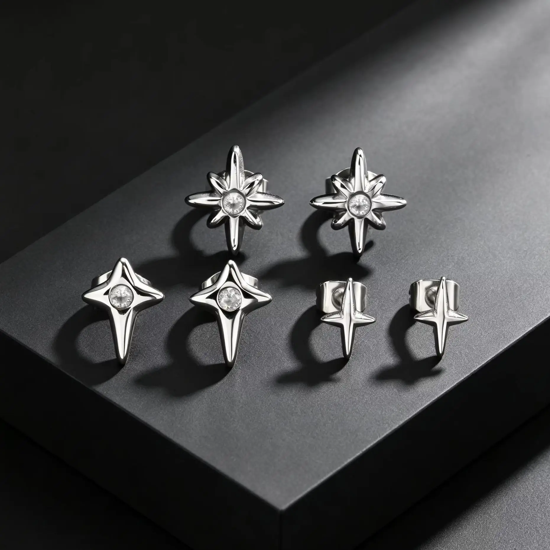 Stylish Eight-pointed Star Stud Earrings for Men, Stainless Steel White CZ Zircon Small Earrings, Punk Hip Hop Style Jewelry