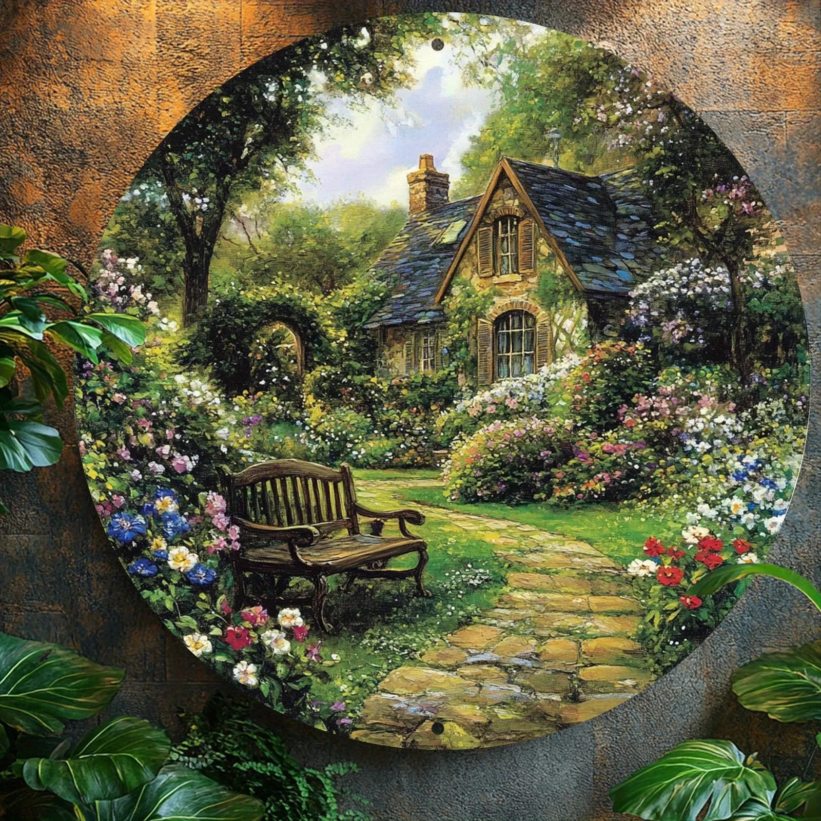 Décoration murale ronde en aluminium, style campagnard vintage, 2D, 1 pièce, 8x8 pouces – Une charmante scène de jardin avec des allées en pierre, des éléments floraux et des accents en bois