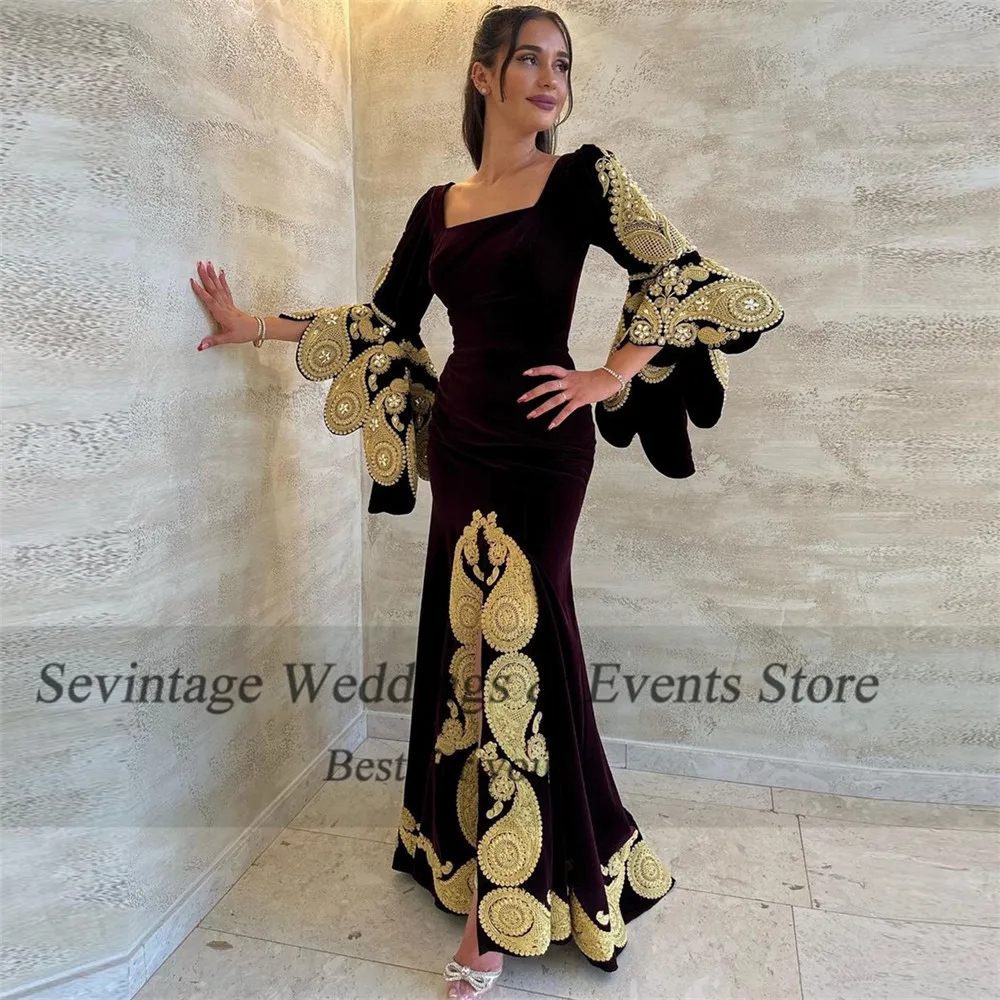 Customized Elegant Arabic Mermaid Velvet Evening Dresses Square Collar Long Cape Sleeves Appliques Prom Gowns Algerian Outfits